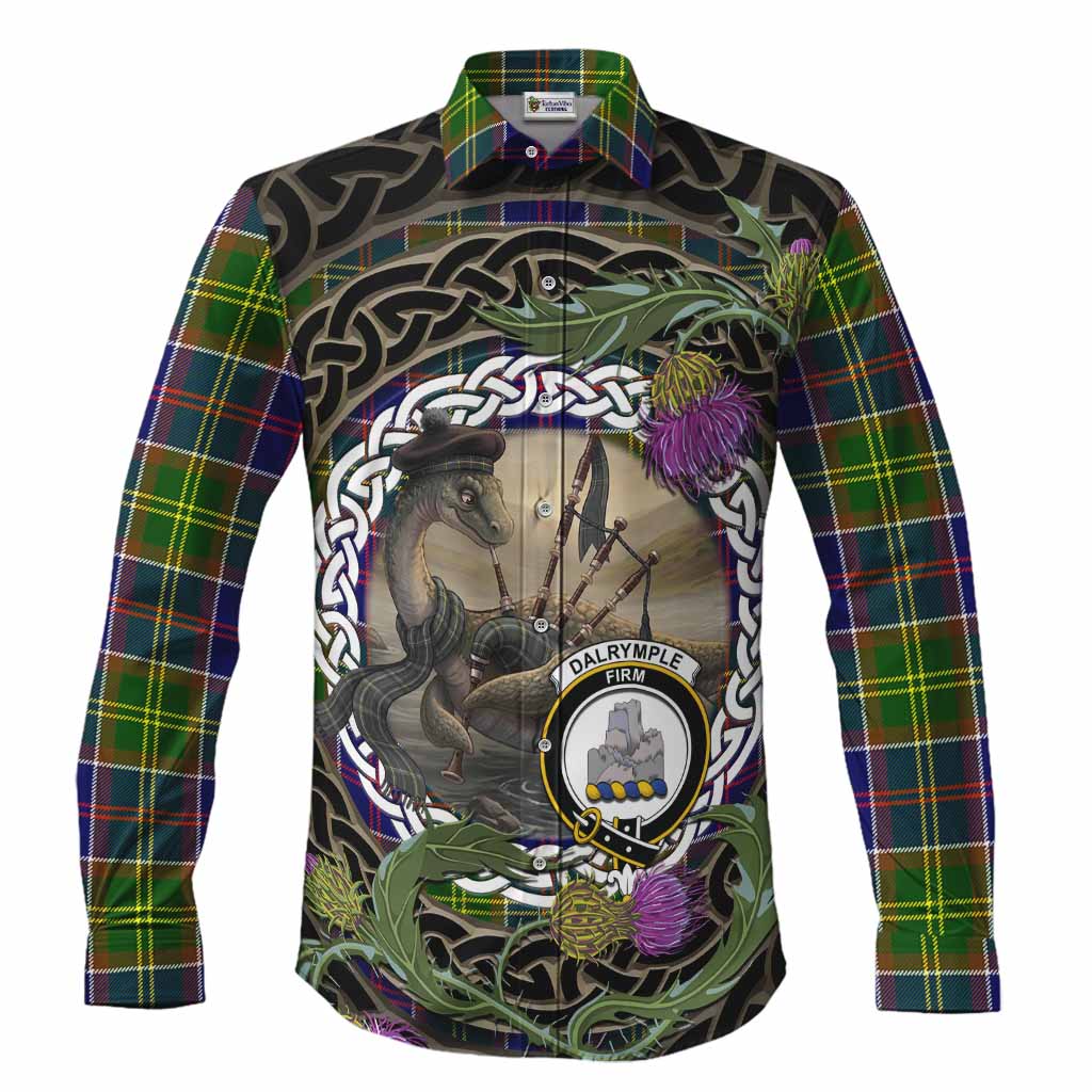 Dalrymple Tartan Crest Bagpipe Nessie Long Sleeve Button Shirts Scottish Loch Ness Monster Celtic Thistle