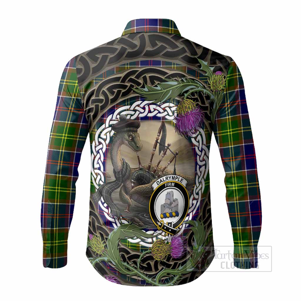 Dalrymple Tartan Crest Bagpipe Nessie Long Sleeve Button Shirts Scottish Loch Ness Monster Celtic Thistle