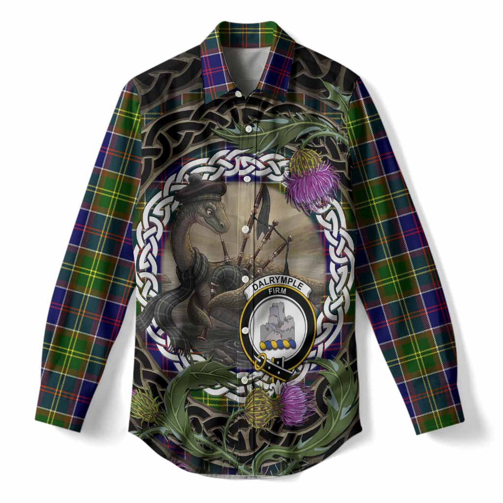 Dalrymple Tartan Crest Bagpipe Nessie Women Casual Shirt Scottish Loch Ness Monster Celtic Thistle
