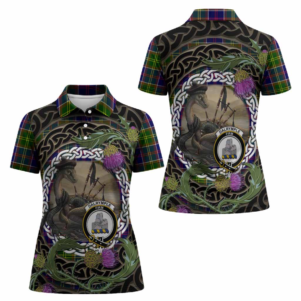 Dalrymple Tartan Crest Bagpipe Nessie Women Polo Shirt Scottish Loch Ness Monster Celtic Thistle
