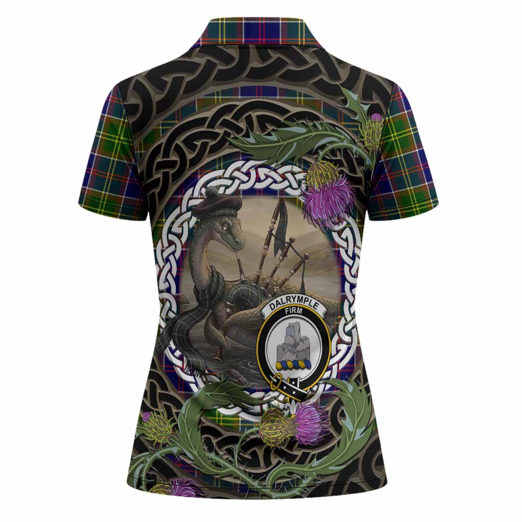 Dalrymple Tartan Crest Bagpipe Nessie Women Polo Shirt Scottish Loch Ness Monster Celtic Thistle