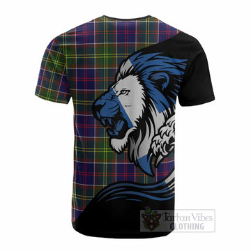 Dalrymple Tartan Crest Cotton T-shirt Scottish Golden Lions Wave Flow