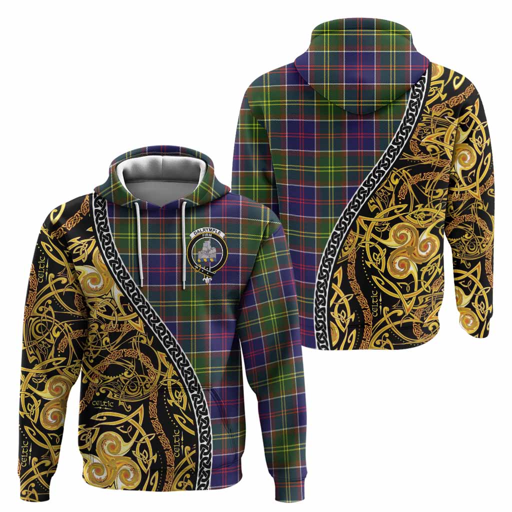 Dalrymple Tartan Crest Hoodie Celtic Knot and Triple Trickle Spiral Symbols