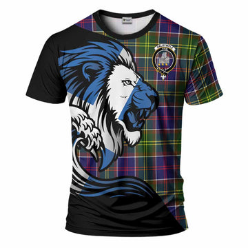 Dalrymple Tartan Crest T-Shirt Scottish Golden Lions Wave Flow