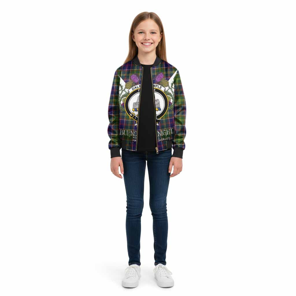 Dalrymple Tartan Family Crest Kid Bomber Jacket Scottish Burns Night Thistle Floral