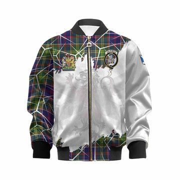 Dalrymple Tartan Kid Bomber Jacket with Family Crest and Lion Rampant Grunge Style