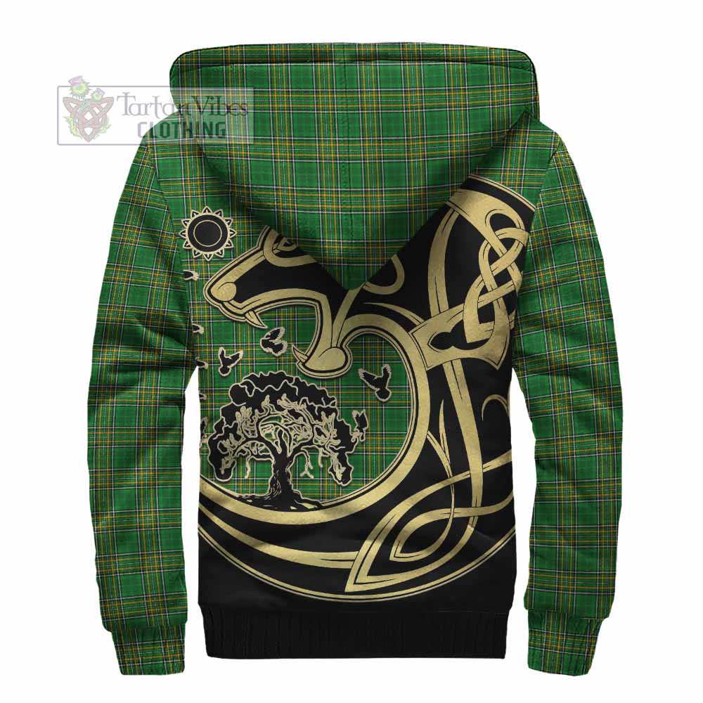 Tartan Vibes Clothing Dalton Irish Tartan Sherpa Hoodie with Coat of Arms Celtic Wolf Style