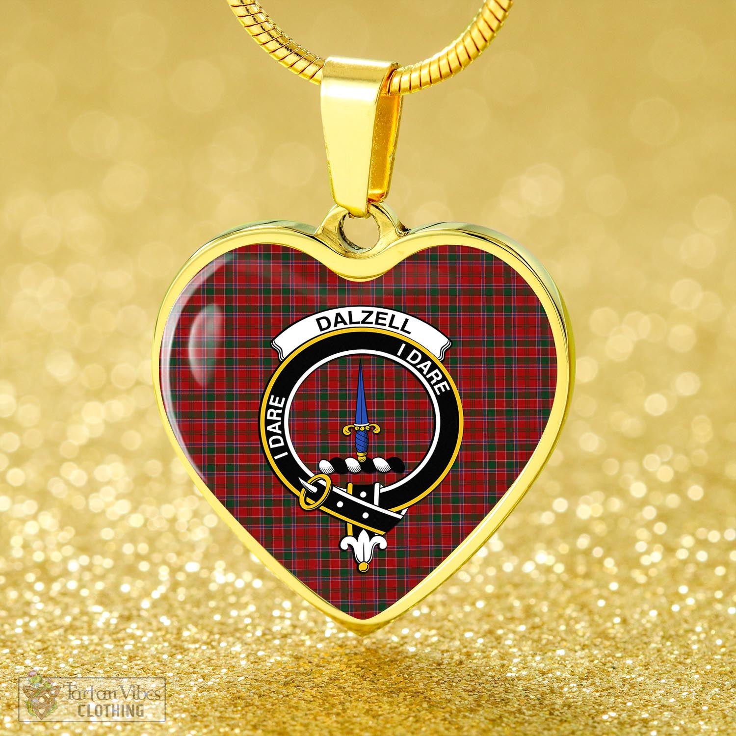 Tartan Vibes Clothing Dalzell (Dalziel) Tartan Heart Necklace with Family Crest