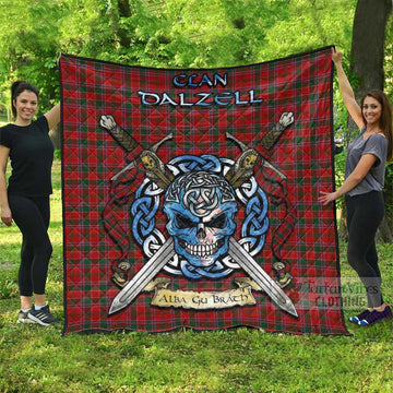 Dalzell (Dalziel) Tartan Quilt with Celtic Skull Alba Gu Brath Style Super King Quilt 91" x 110" - Tartan Vibes Clothing