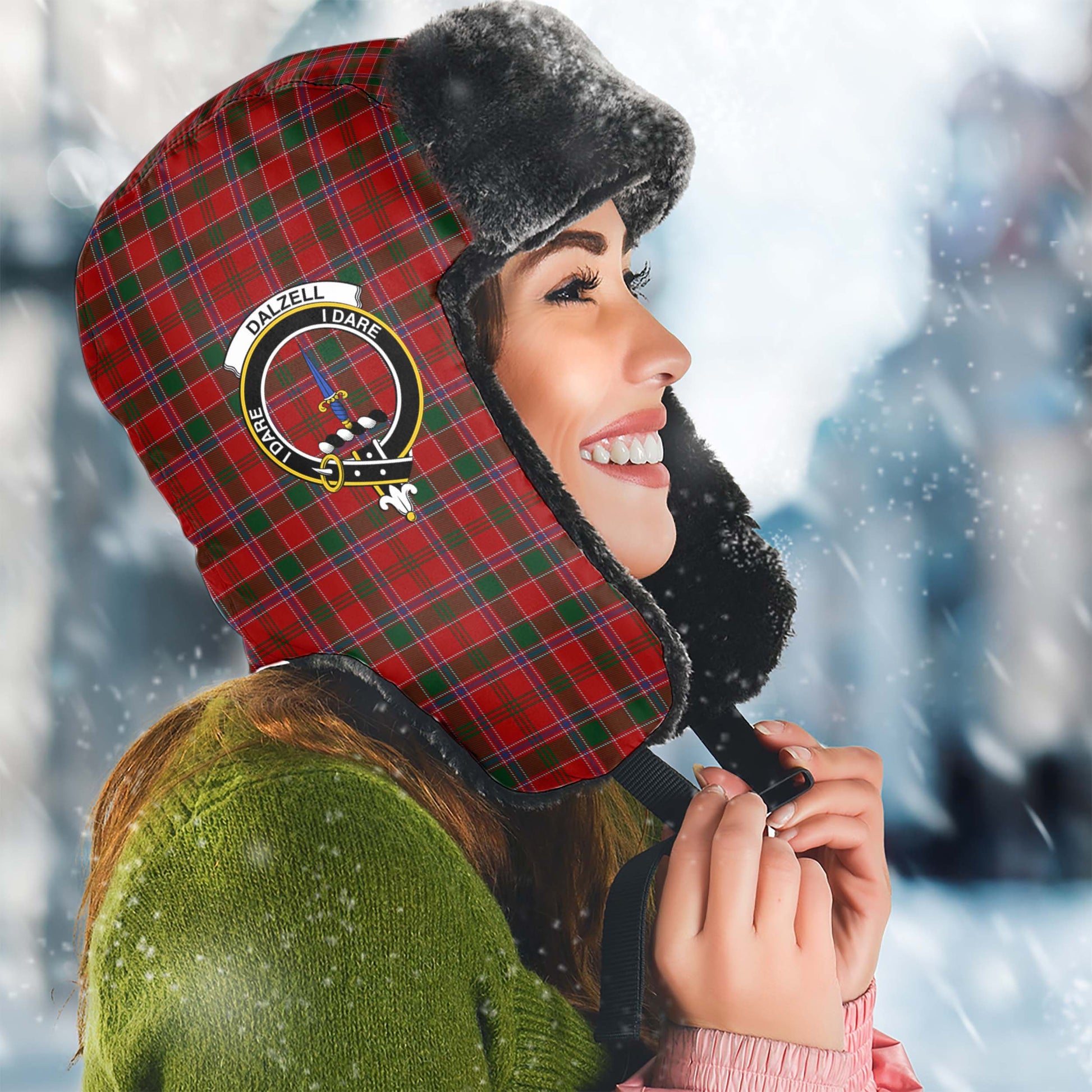 Dalzell (Dalziel) Tartan Winter Trapper Hat with Family Crest Winter Trapper Hat Universal Fit Circumference 22.8in (58cm) - Tartan Vibes Clothing