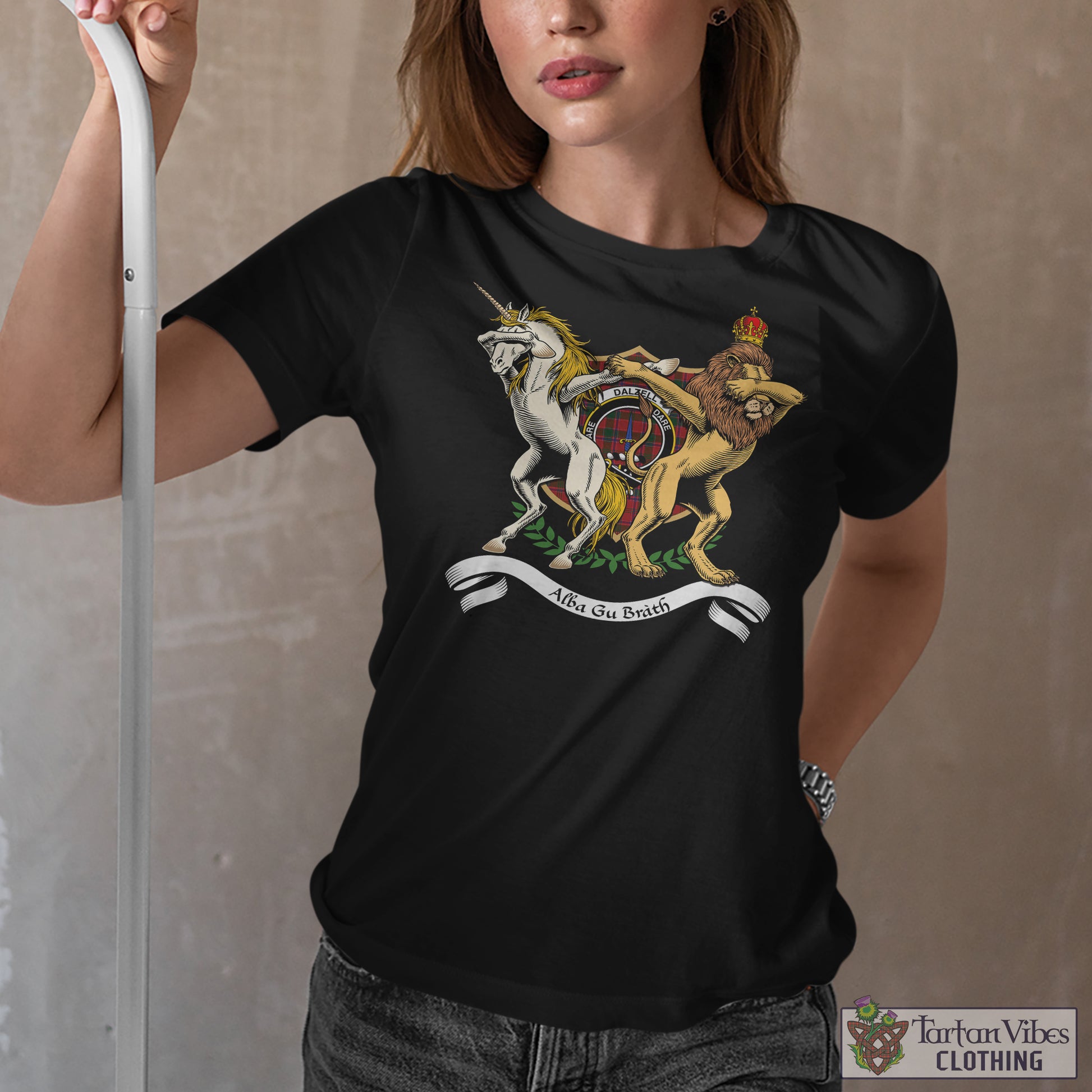 Tartan Vibes Clothing Dalzell (Dalziel) Family Crest Cotton Women's T-Shirt with Scotland Royal Coat Of Arm Funny Style
