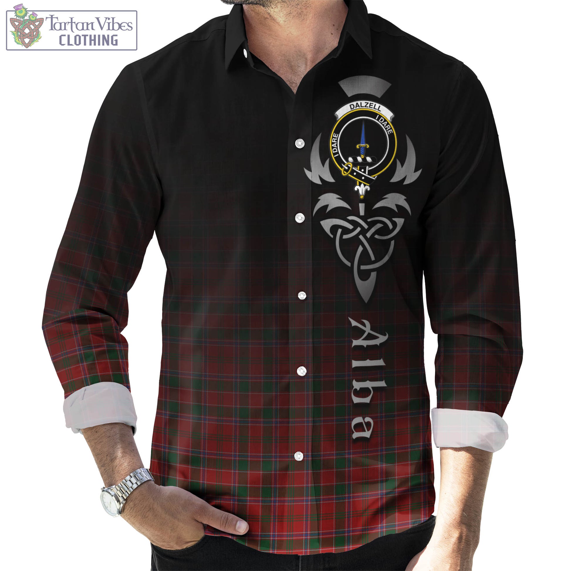 Dalzell (Dalziel) Tartan Long Sleeve Button Up Featuring Alba Gu Brath Family Crest Celtic Inspired Men's Shirt - Tartan Vibes Clothing