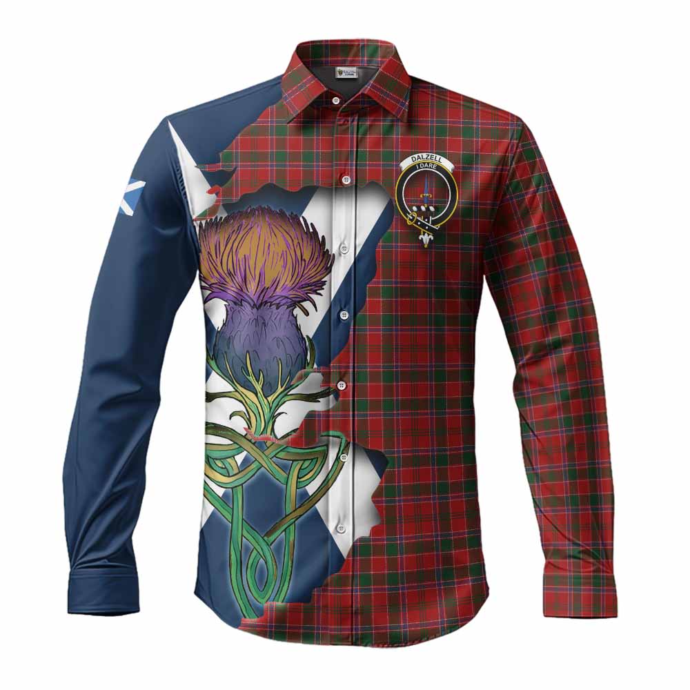 Tartan Vibes Clothing Dalzell (Dalziel) Tartan Family Crest Long Sleeve Button Shirt Scottish Thistle Celtic Inspired