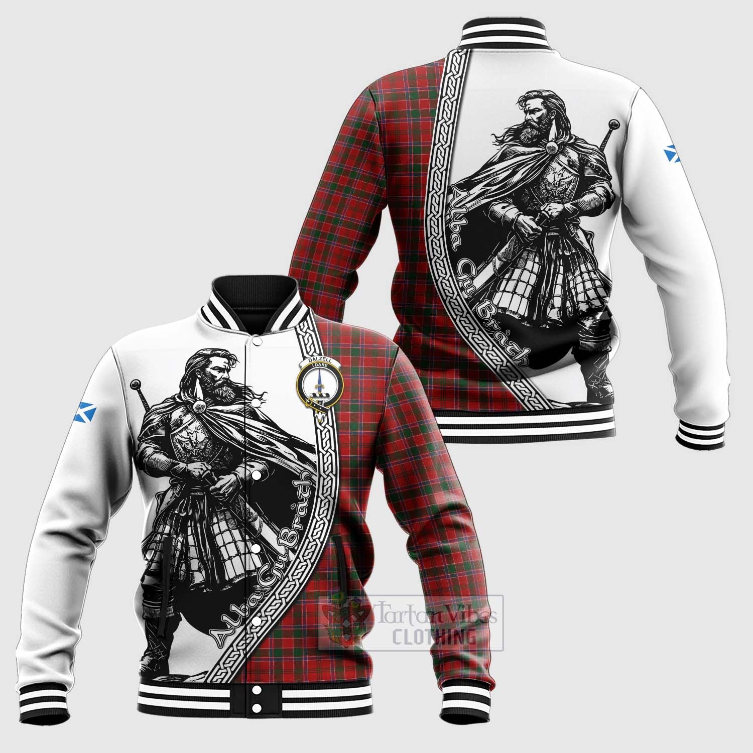 Dalzell (Dalziel) Tartan Clan Crest Baseball Jacket with Highlander Warrior Celtic Style Unisex - Tartan Vibes Clothing