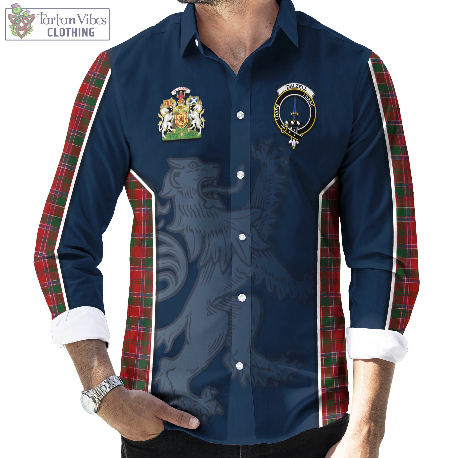 Tartan Vibes Clothing Dalzell (Dalziel) Tartan Long Sleeve Button Up Shirt with Family Crest and Lion Rampant Vibes Sport Style