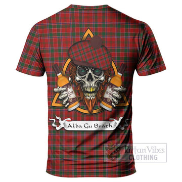 Dalzell (Dalziel) Tartan T-Shirt with Family Crest and Bearded Skull Holding Bottles of Whiskey - Tartan Vibes Clothing