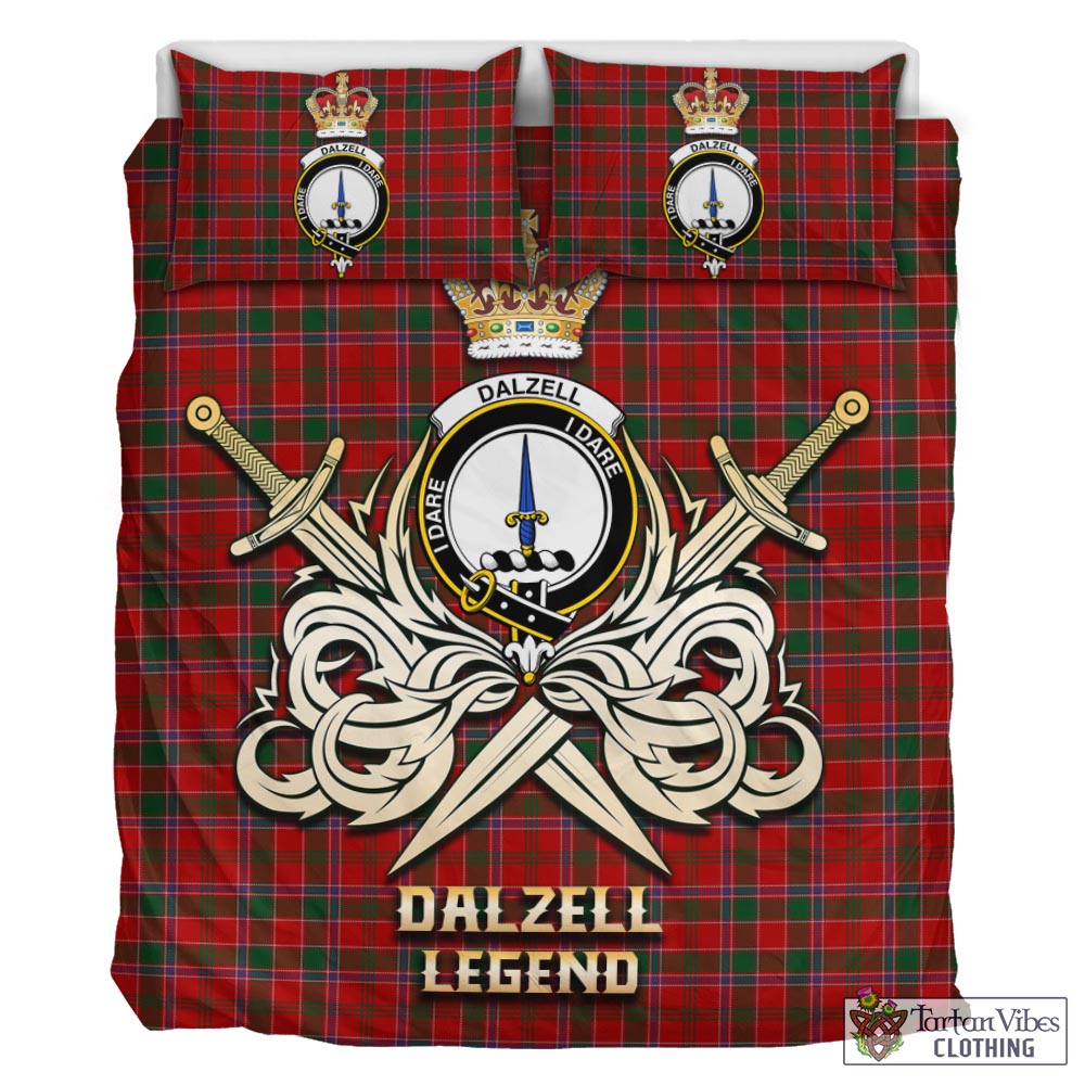 Tartan Vibes Clothing Dalzell (Dalziel) Tartan Bedding Set with Clan Crest and the Golden Sword of Courageous Legacy