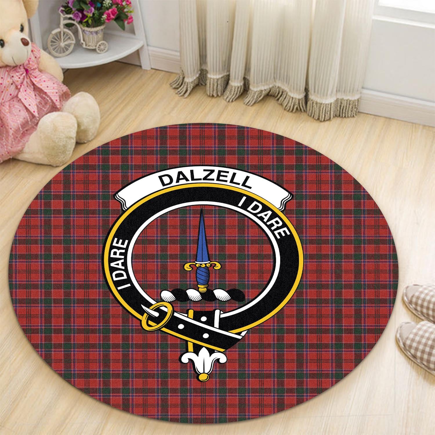 Dalzell (Dalziel) Tartan Round Rug with Family Crest - Tartanvibesclothing