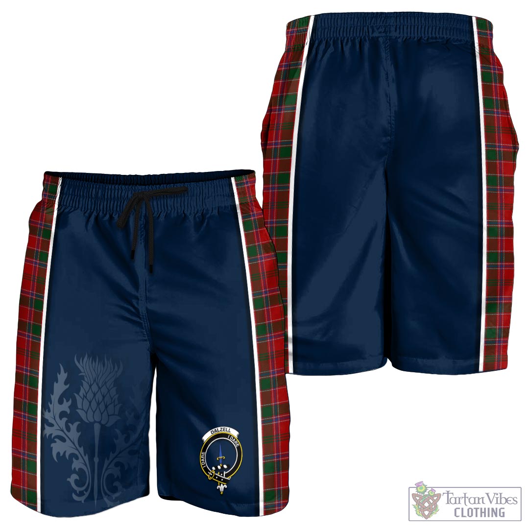 Tartan Vibes Clothing Dalzell (Dalziel) Tartan Men's Shorts with Family Crest and Scottish Thistle Vibes Sport Style