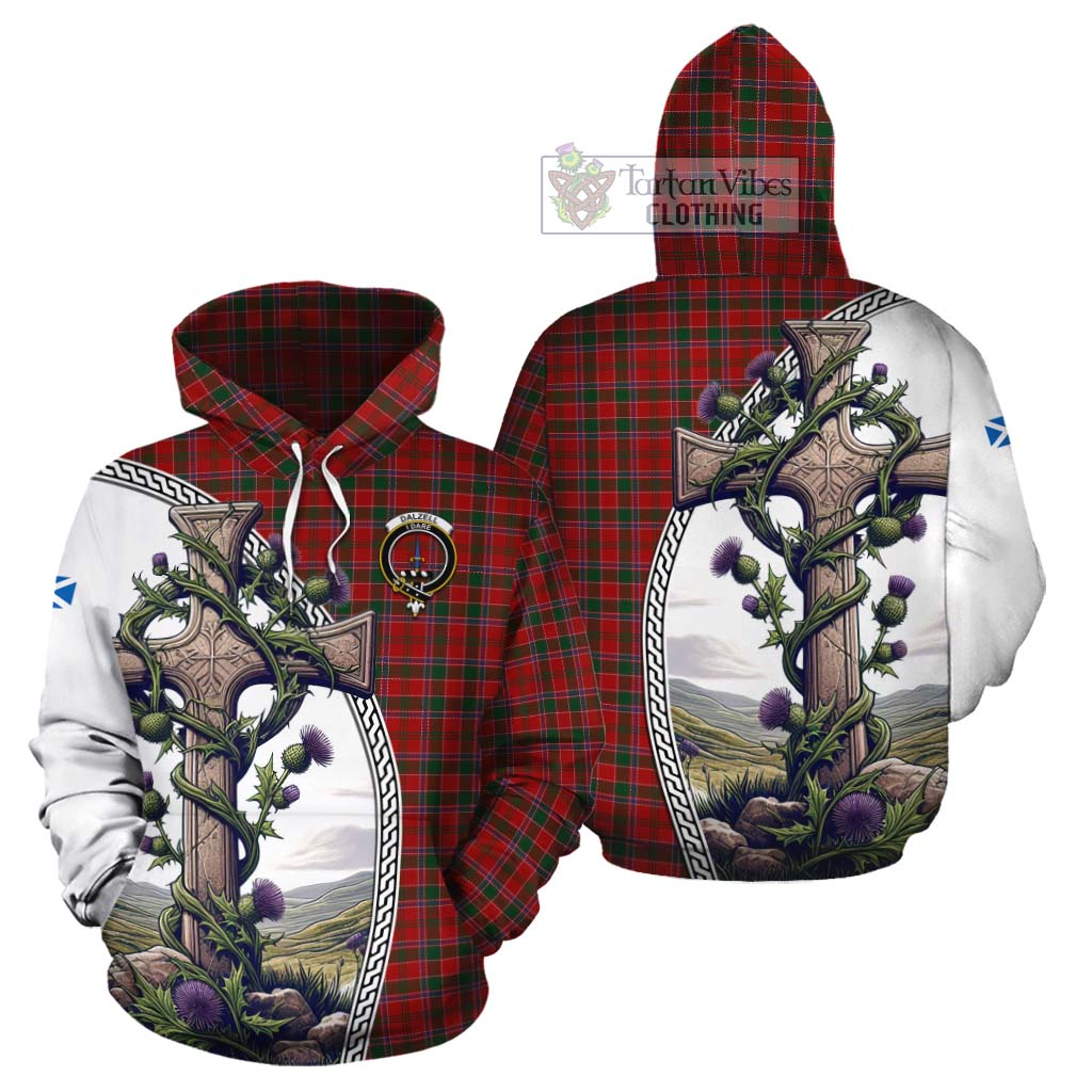 Tartan Vibes Clothing Dalzell (Dalziel) Tartan Cotton Hoodie with Family Crest and St. Andrew's Cross Accented by Thistle Vines