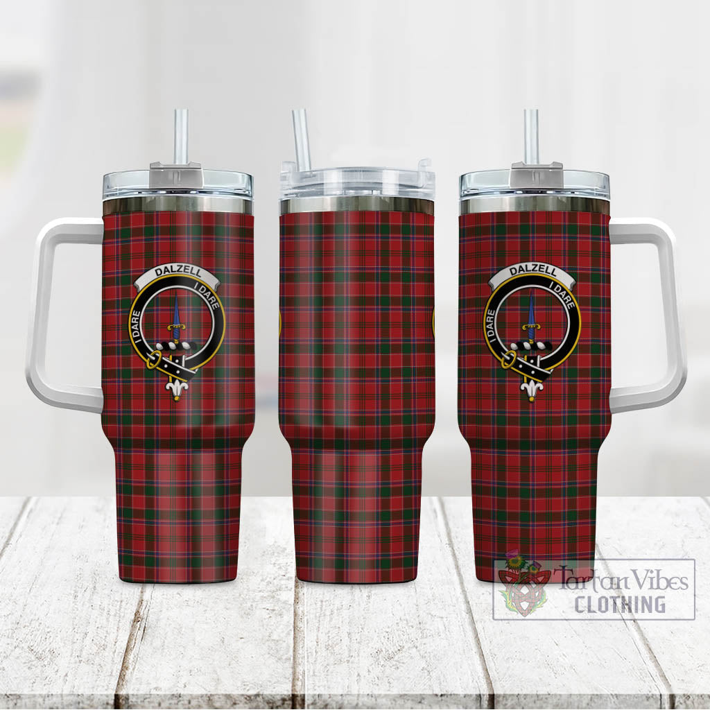 Tartan Vibes Clothing Dalzell (Dalziel) Tartan and Family Crest Tumbler with Handle
