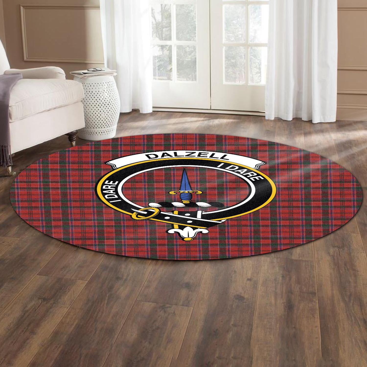 Dalzell (Dalziel) Tartan Round Rug with Family Crest - Tartanvibesclothing