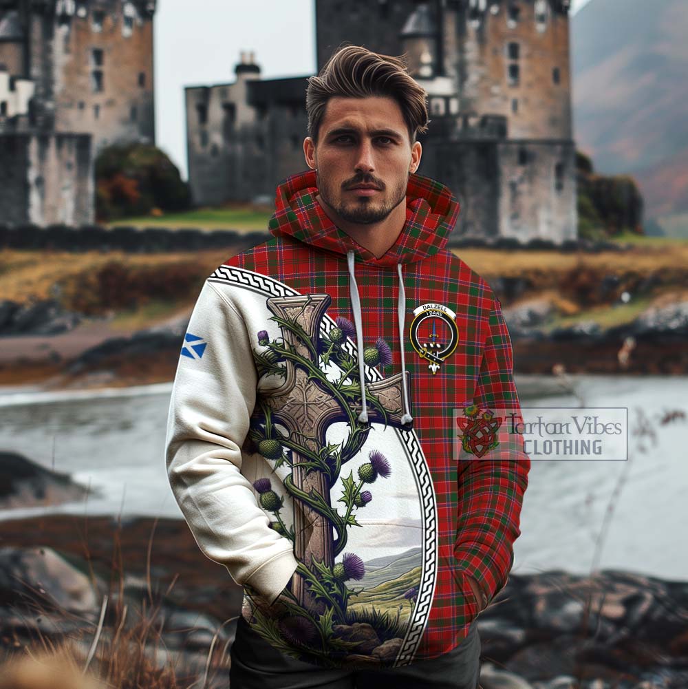 Tartan Vibes Clothing Dalzell (Dalziel) Tartan Cotton Hoodie with Family Crest and St. Andrew's Cross Accented by Thistle Vines