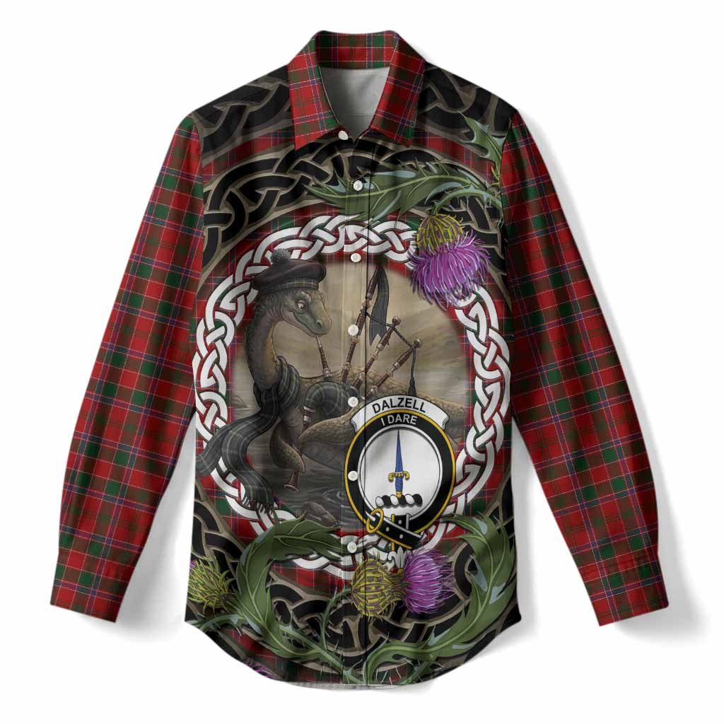 Dalzell (Dalziel) Tartan Crest Bagpipe Nessie Women Casual Shirt Scottish Loch Ness Monster Celtic Thistle