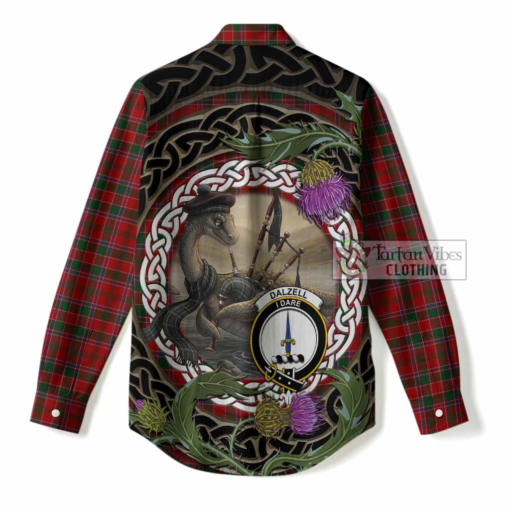 Dalzell (Dalziel) Tartan Crest Bagpipe Nessie Women Casual Shirt Scottish Loch Ness Monster Celtic Thistle