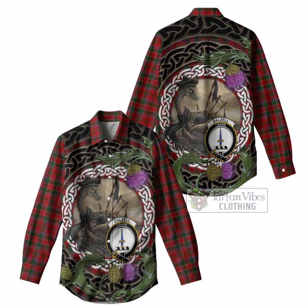 Dalzell (Dalziel) Tartan Crest Bagpipe Nessie Women Casual Shirt Scottish Loch Ness Monster Celtic Thistle