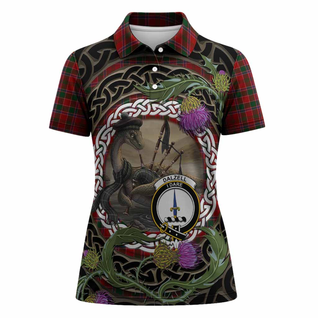 Dalzell (Dalziel) Tartan Crest Bagpipe Nessie Women Polo Shirt Scottish Loch Ness Monster Celtic Thistle