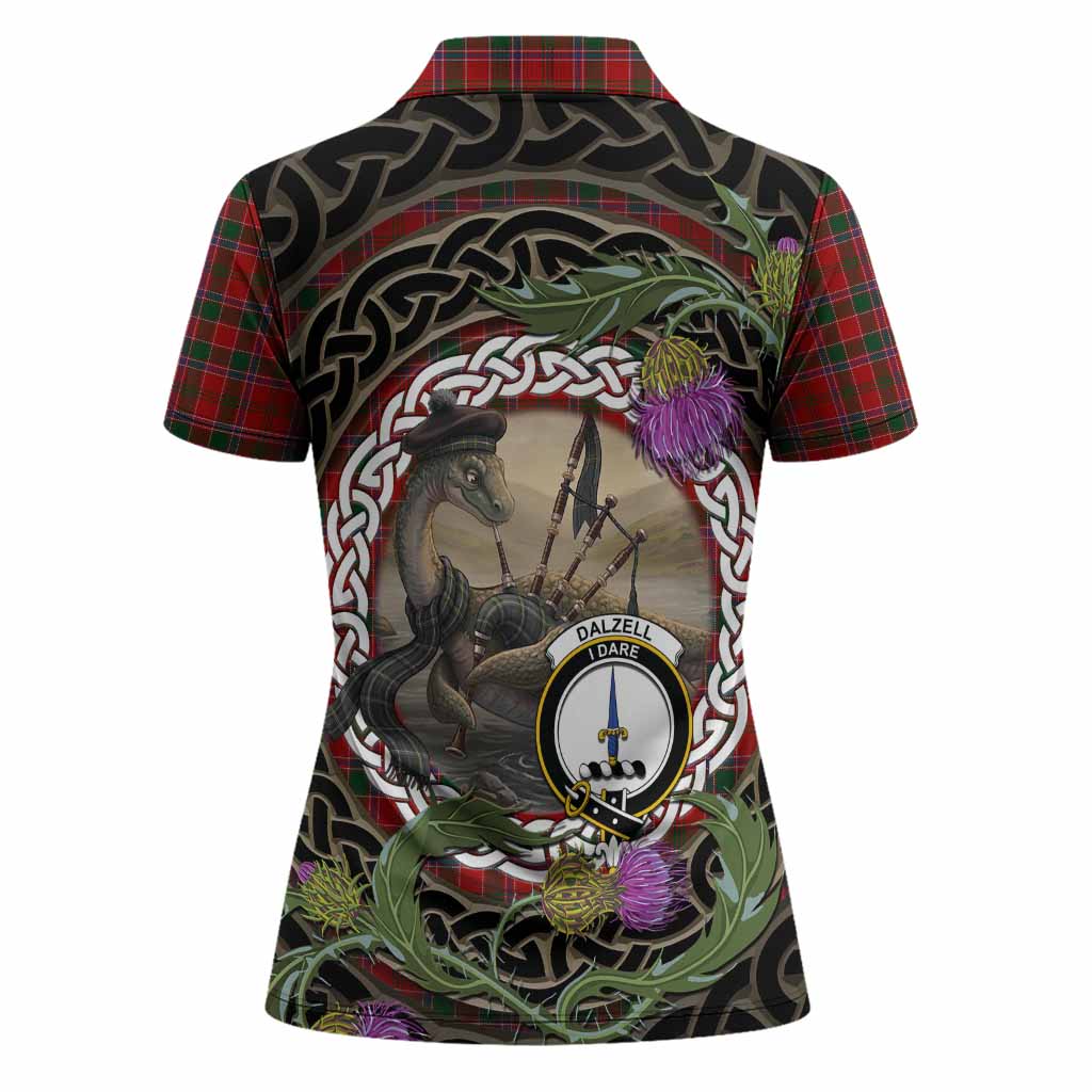 Dalzell (Dalziel) Tartan Crest Bagpipe Nessie Women Polo Shirt Scottish Loch Ness Monster Celtic Thistle