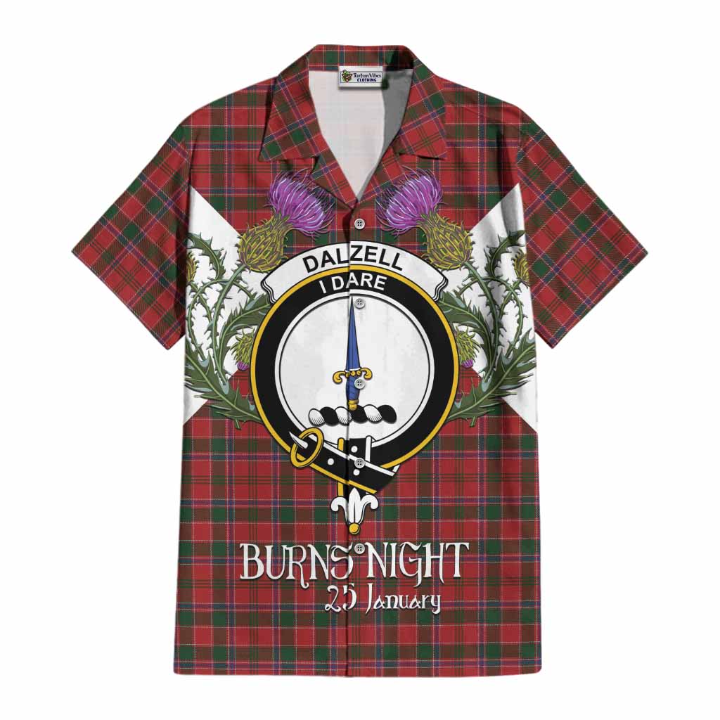 Dalzell (Dalziel) Tartan Family Crest Cotton Hawaiian Shirt Scottish Burns Night Thistle Floral