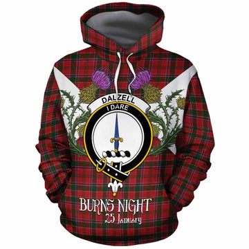 Dalzell (Dalziel) Tartan Family Crest Cotton Hoodie Scottish Burns Night Thistle Floral
