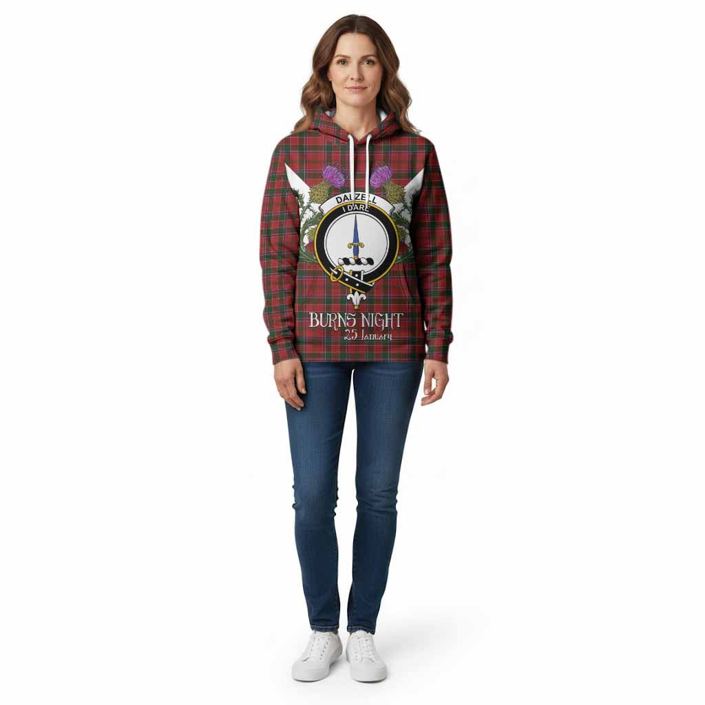 Dalzell (Dalziel) Tartan Family Crest Cotton Hoodie Scottish Burns Night Thistle Floral