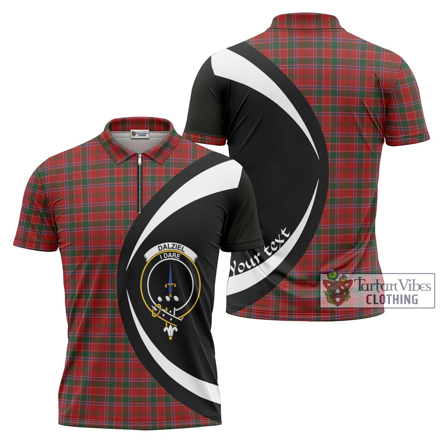 Dalziel Tartan Zipper Polo Shirt with Family Crest Circle Style Unisex - Tartan Vibes Clothing