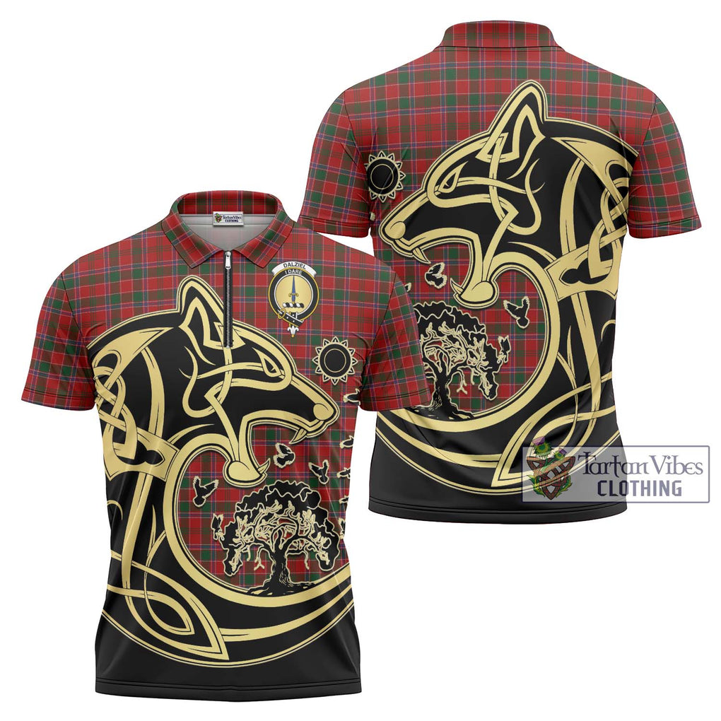 Dalziel Tartan Zipper Polo Shirt with Family Crest Celtic Wolf Style Unisex - Tartan Vibes Clothing