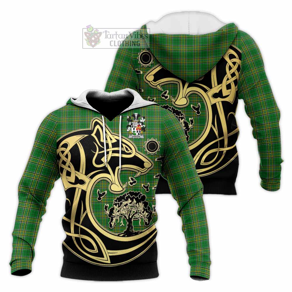 Tartan Vibes Clothing Dancer Irish Tartan Knitted Hoodie with Coat of Arms Celtic Wolf Style