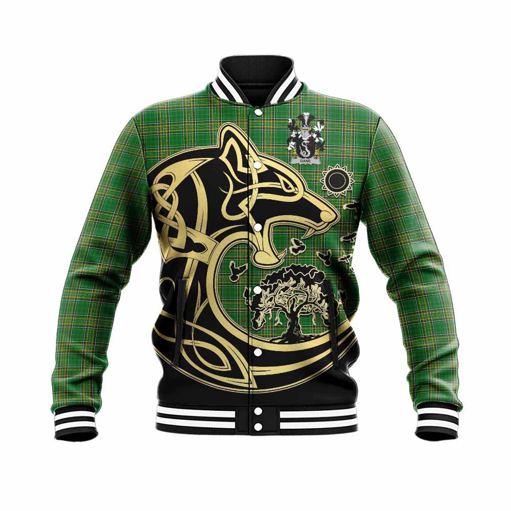 Dane Irish Tartan Baseball Jacket with Coat of Arms Celtic Wolf Style Unisex - Tartan Vibes Clothing