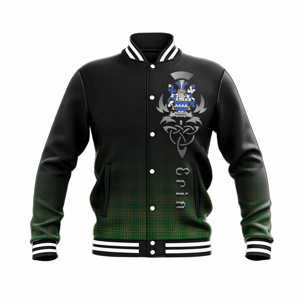 Tartan Vibes Clothing Dardes Irish Clan Baseball Jacket with Coat of Arms Erin Go Bragh Celtic Inspired
