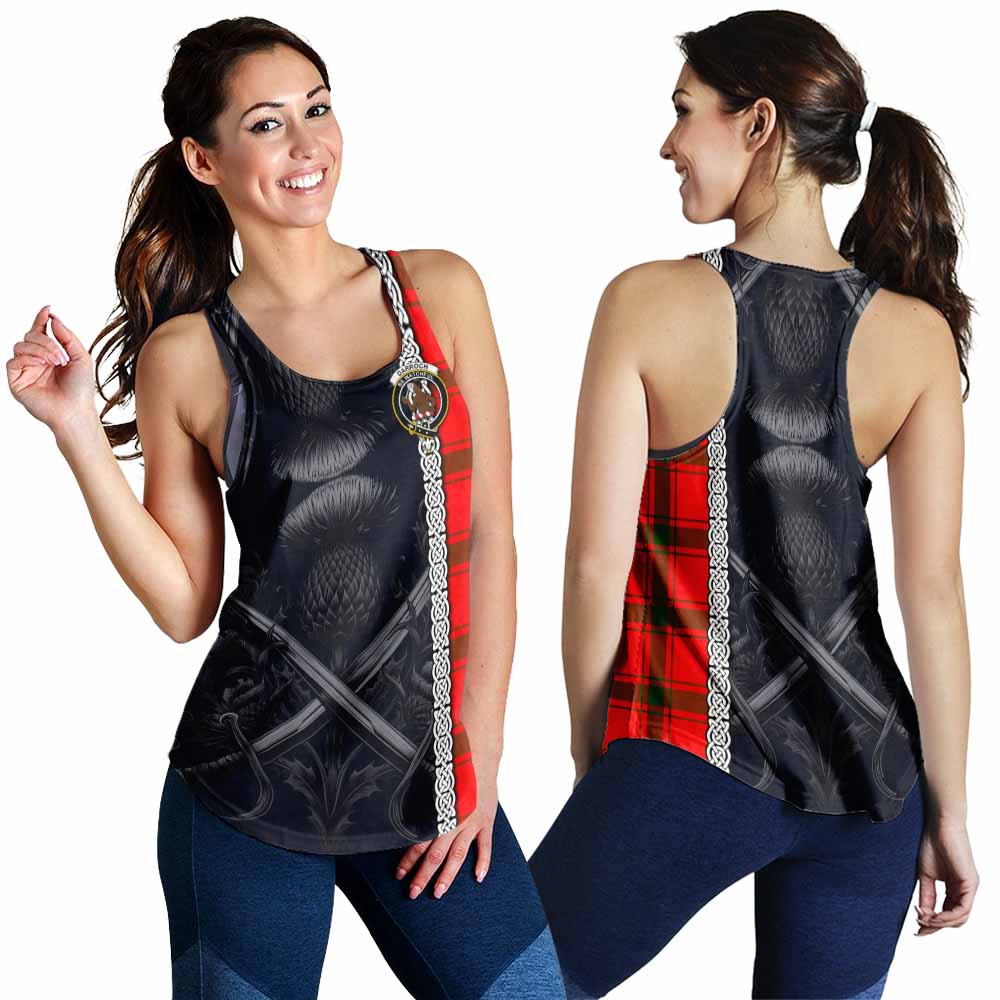 Tartan Vibes Clothing Darroch Tartan Women's Racerback Tanks with Family Crest Cross Sword Thistle Celtic Vibes