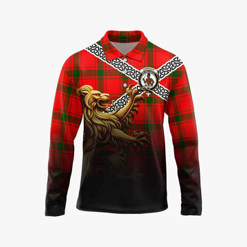 Darroch Crest Tartan Long Sleeve Polo Shirt with Golden Lion Emblem Celtic Style Unisex - Tartan Vibes Clothing