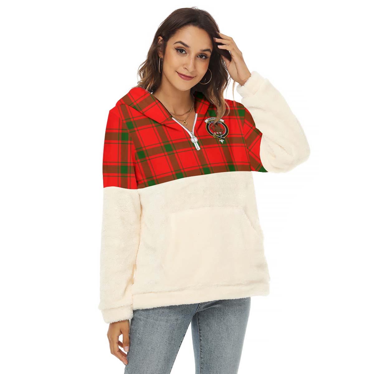Darroch Tartan Half Style Women's Borg Fleece Hoodie with Half Zip with Family Crest Female - Tartan Vibes Clothing