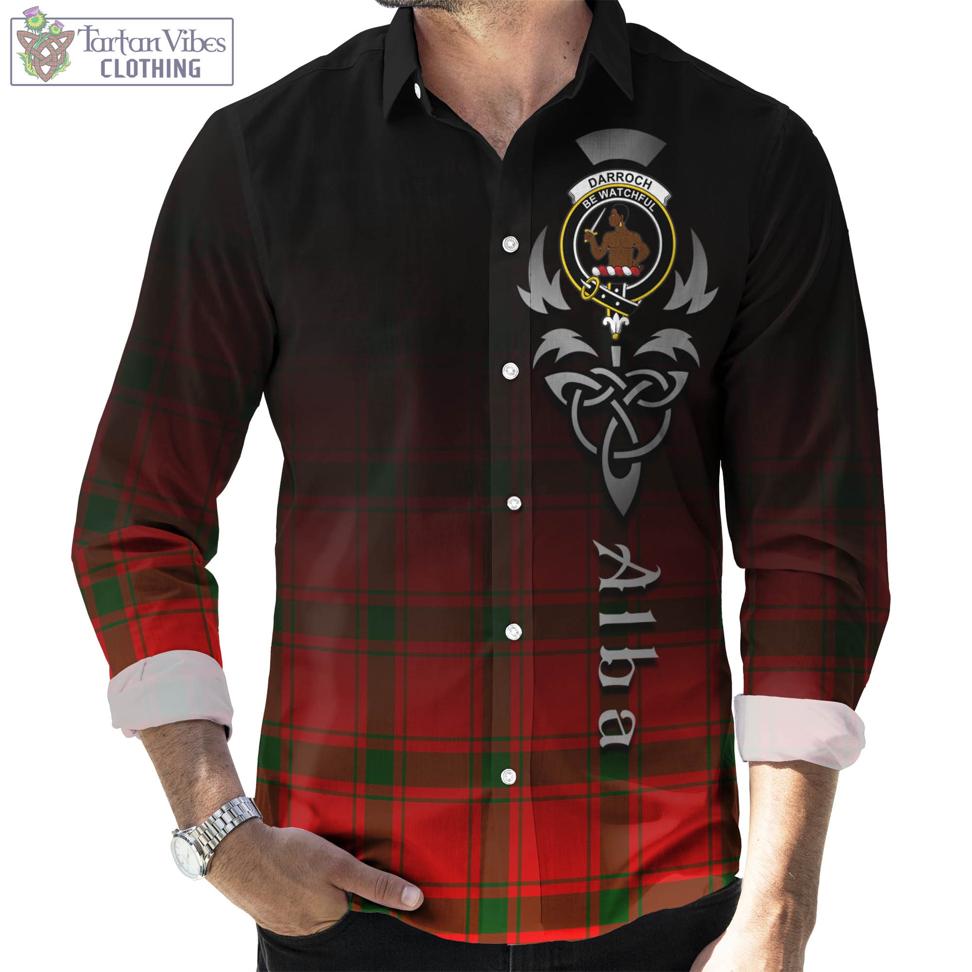 Darroch Tartan Long Sleeve Button Up Featuring Alba Gu Brath Family Crest Celtic Inspired Men's Shirt - Tartan Vibes Clothing