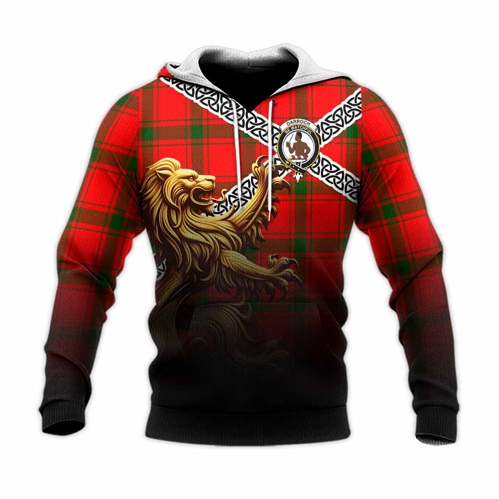 Darroch Crest Tartan Knitted Hoodie with Golden Lion Emblem Celtic Style Unisex Knitted Pullover Hoodie - Tartan Vibes Clothing