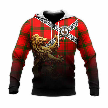 Darroch Crest Tartan Knitted Hoodie with Golden Lion Emblem Celtic Style Unisex Knitted Pullover Hoodie - Tartan Vibes Clothing