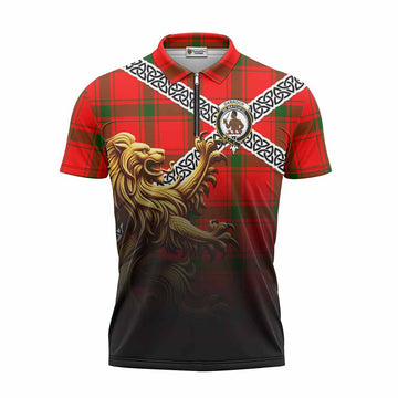 Darroch Crest Tartan Zipper Polo Shirt with Golden Lion Emblem Celtic Style Unisex - Tartan Vibes Clothing