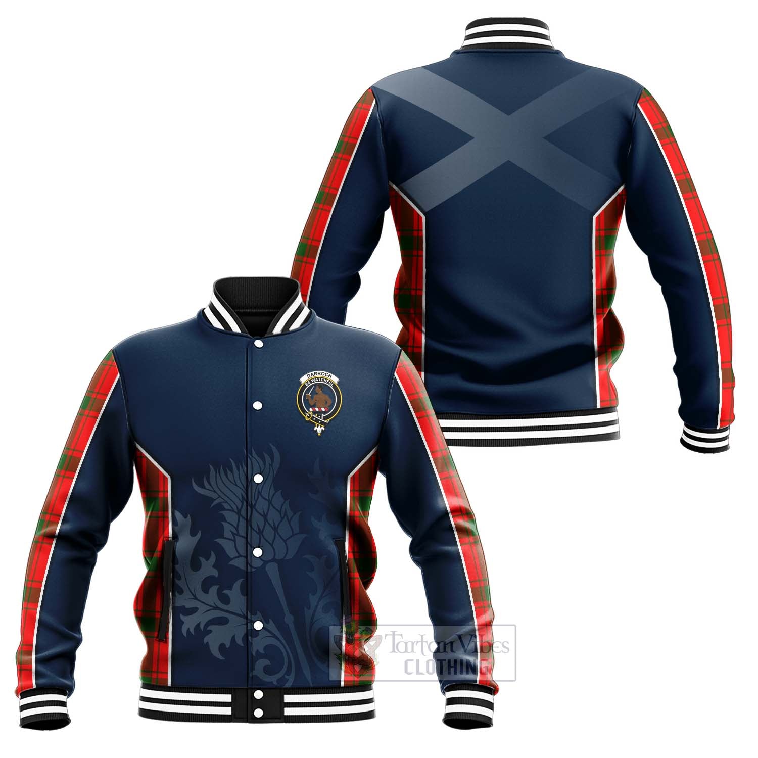 Darroch Tartan Baseball Jacket with Family Crest and Scottish Thistle Vibes Sport Style Unisex - Tartan Vibes Clothing