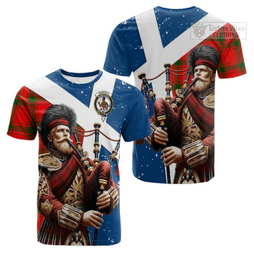 Darroch Tartan Cotton T-shirt with Family Crest Scottish Bagpiper Vibes