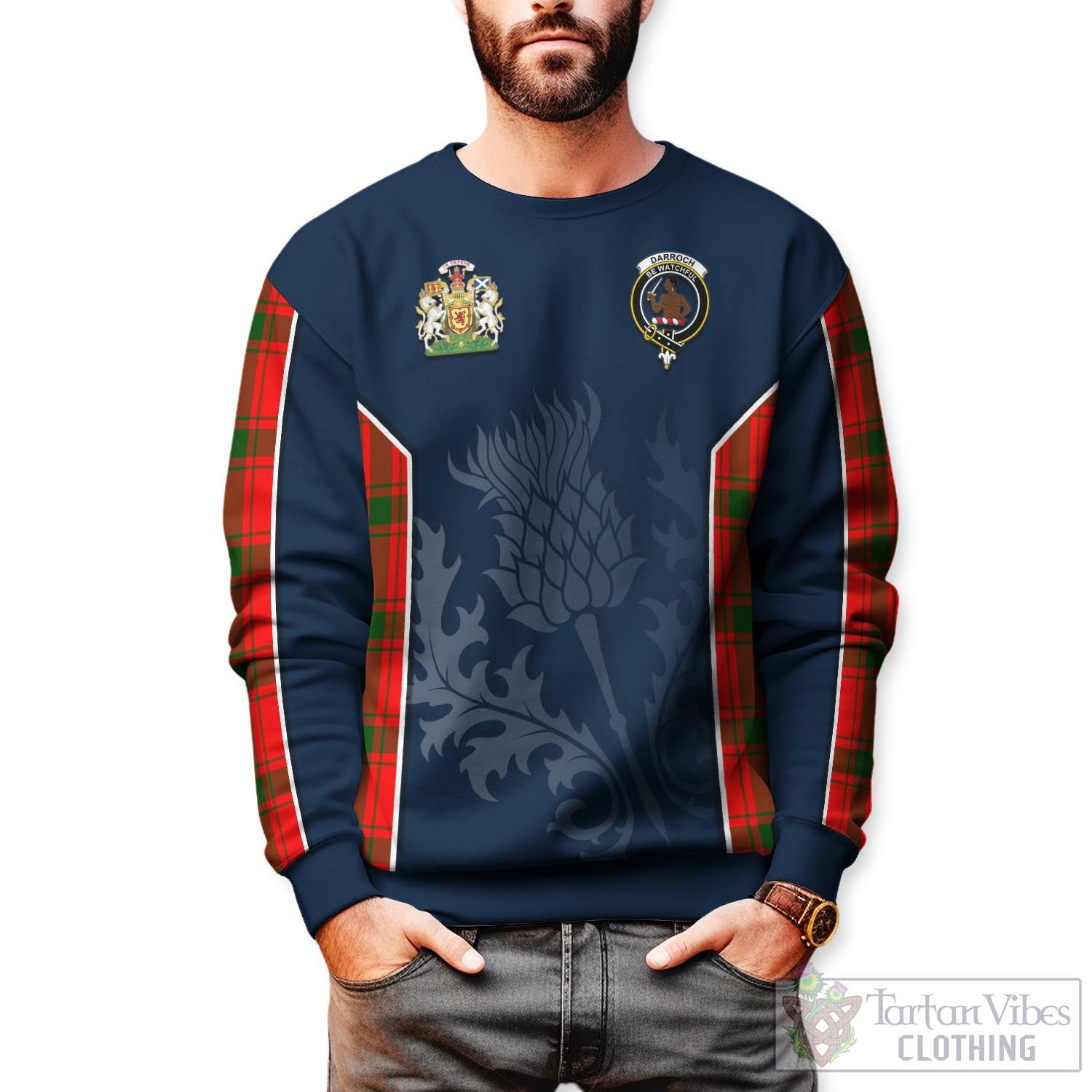 Tartan Vibes Clothing Darroch Tartan Sweatshirt with Family Crest and Scottish Thistle Vibes Sport Style